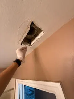 HVAC ceiling vent mold inspection with gloved hand