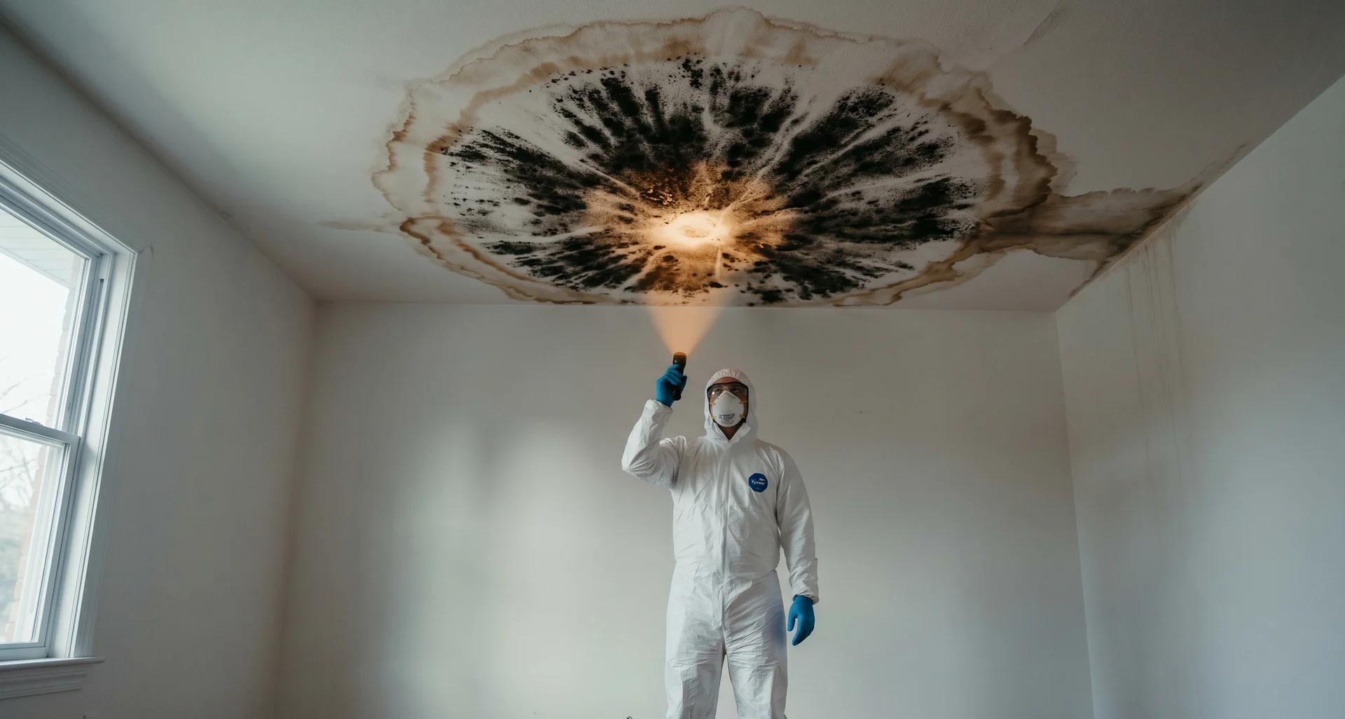 Mold assessment specialist examining ceiling damage with flashlight