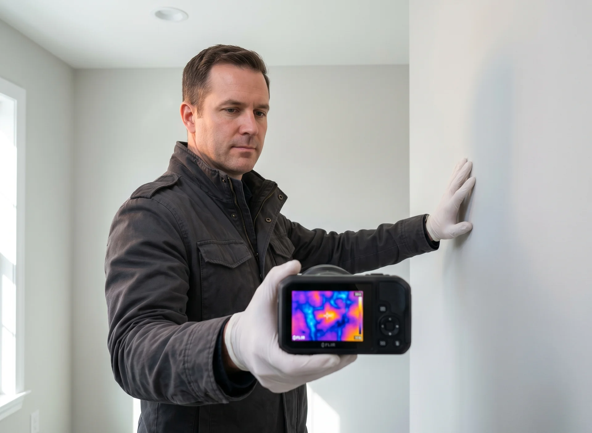 Inspector using FLIR thermal imaging camera to detect hidden moisture