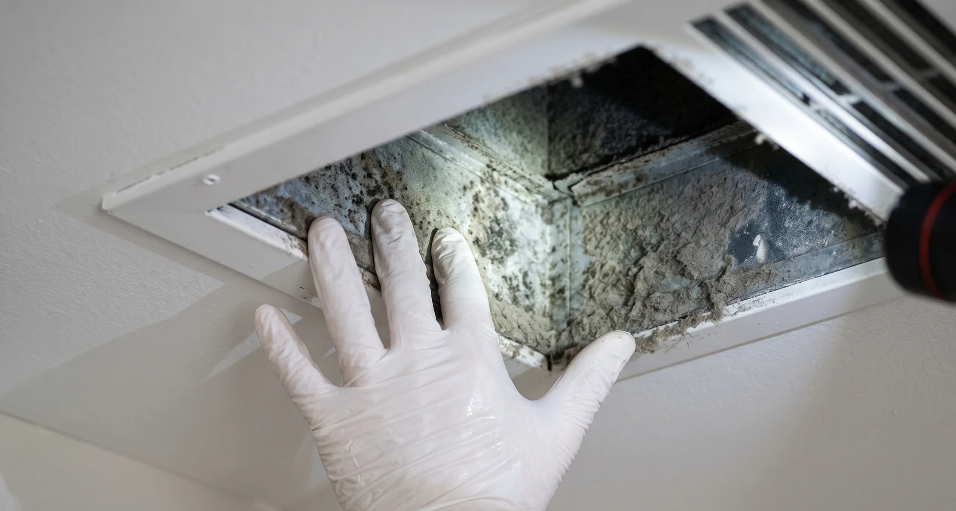 Professional HVAC duct mold inspection with protective gloves
